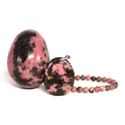Rhodonite - Lot Oeuf, Bracelet et pendentif