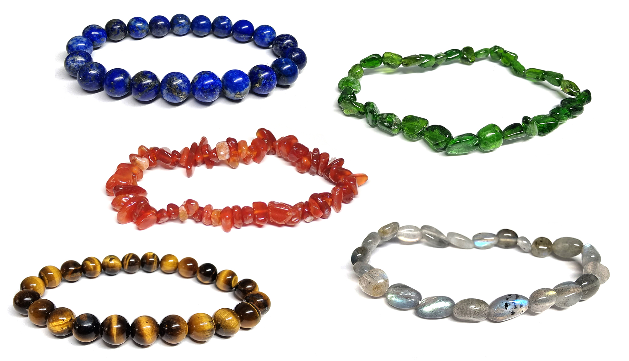 Photo de bracelets boule en lapis lazuli, bracelet mini roul en diopside, bracelet baroque en cornaline, bracelet boule en oeil de tigre et racelet mini roul en labradorite